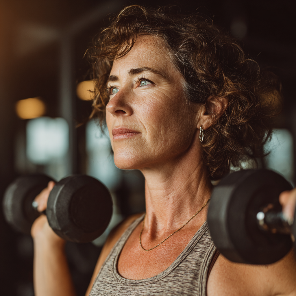 Active woman in her late 40s performing strength training exercises with dumbbells in a well-equipped fitness studio with natural lighting