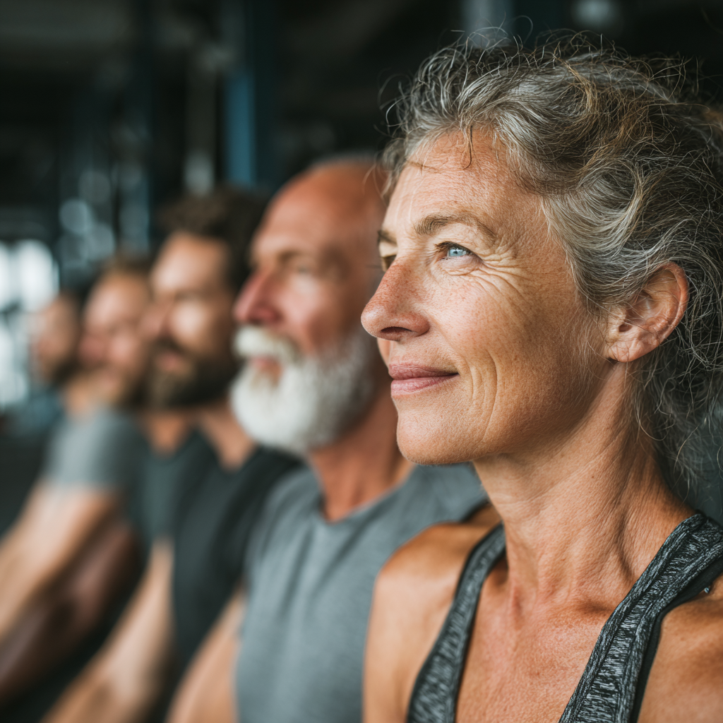 Diverse group of mature adults aged 45-55 working out together in a modern fitness facility with bright atmosphere and professional equipment