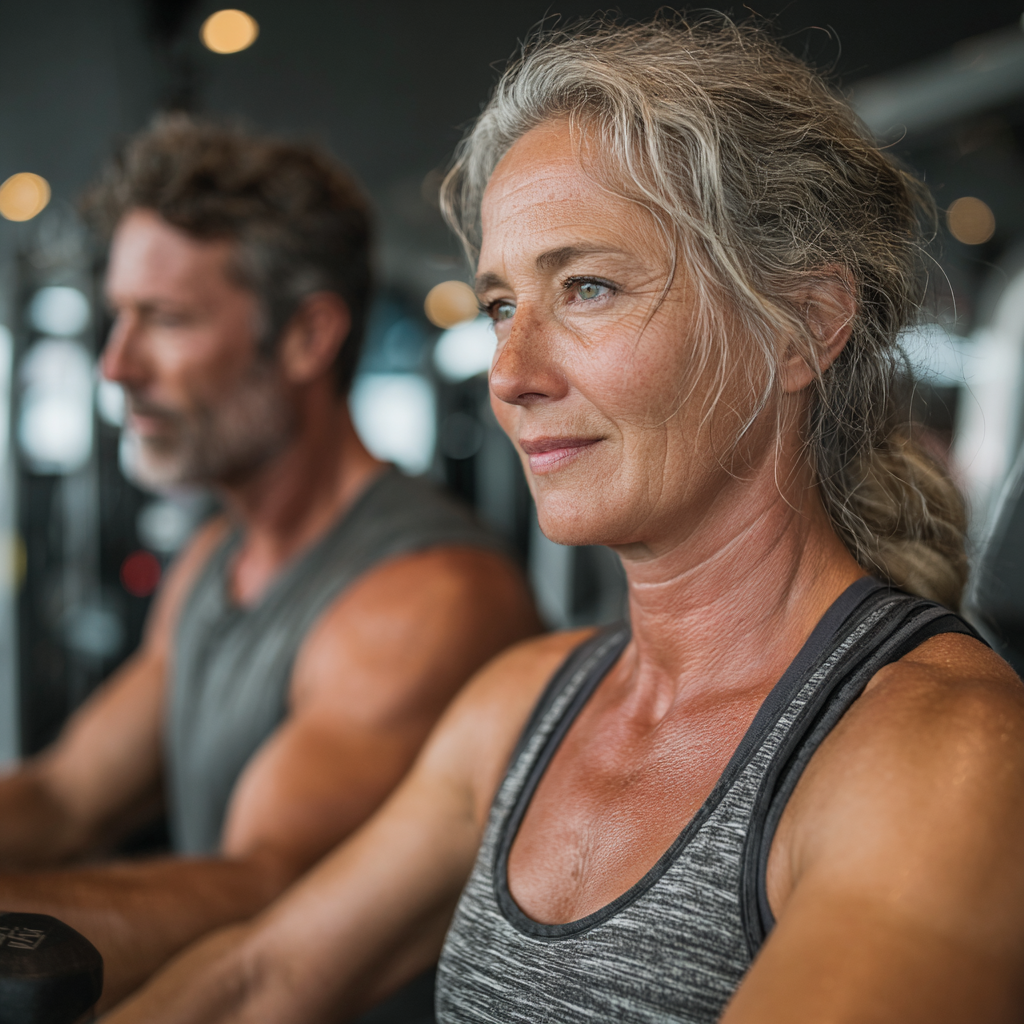 Middle-aged man and woman in their 50s exercising together in a modern gym with professional equipment and natural lighting